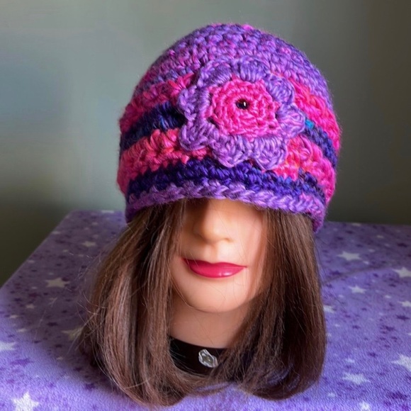 Vibrant Crochet Beanie in Purple and Pink - Picture 3 of 7
